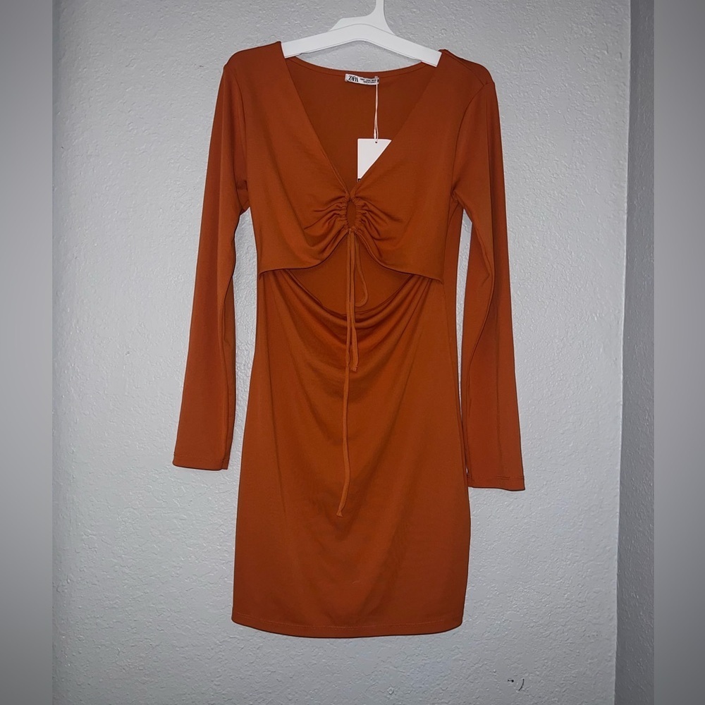 Zara Women Orange Open Front Long Sleeve Midi Dress
